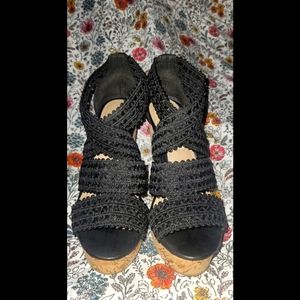 Steve Madden Black ELSTON Woven Fabric Cork Platforms Wedges sz6